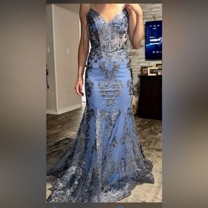 blue prom dress silver glitter form fitting